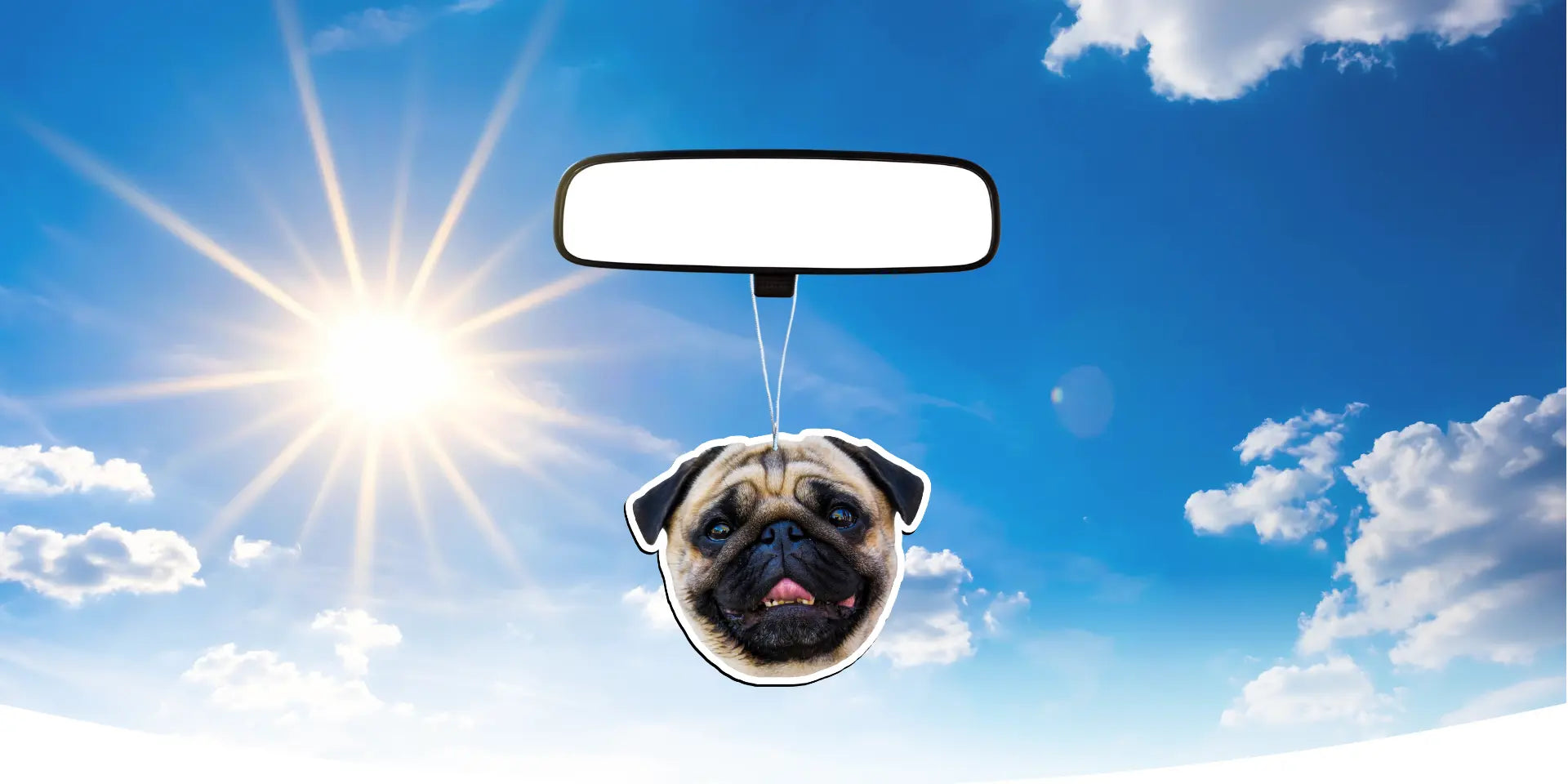 Personalised Car Air Freshener With Dog Photo Hanging On Car Mirror
